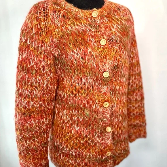 VTG 60s Sears Mary Lewis Cardigan Sweater Orange Green Space dye Wood Buttons M - Picture 2 of 9